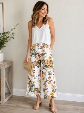LOFT Outlet Floral Wide Leg Crop Pants White Pink Yellow Women’s Small